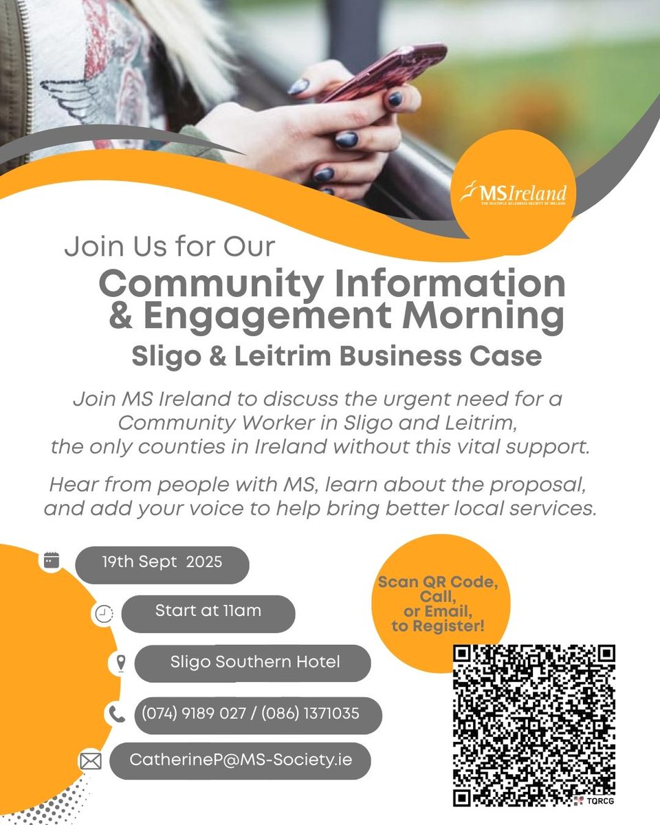MS Ireland (@msireland) on Twitter photo 19th September Sligo Southern Hotel 11am - Community Information & Engagement Morning Sligo & Leitrim
Join MS Ireland to discuss the urgent need for a Community Worker in Sligo and Leitrim.
Please RSVP catherinep@ms-society.ie 19th September Sligo Southern Hotel 11am - Community Information & Engagement Morning Sligo & Leitrim
Join MS Ireland to discuss the urgent need for a Community Worker in Sligo and Leitrim.
Please RSVP catherinep@ms-society.ie