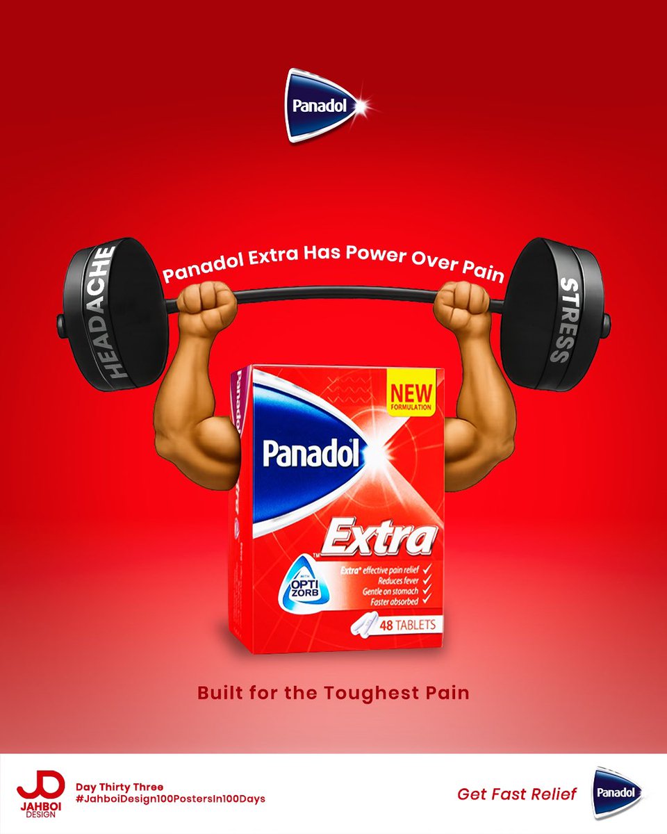jahboidesign's tweet photo. Day 33/100 - Poster Ad for Panadol
Panadol Extra has power over pain 💪🔥
Tough headache? Stress weighing you down? Panadol Extra is built to fight the toughest pain and give you fast relief.
#JahboiDesign100PostersIn100Days #PosterDesign #PosterAd https://t.co/2Jt35sqG7L