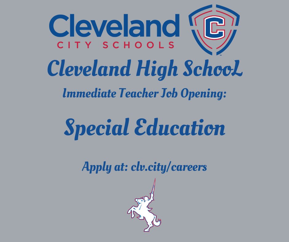 Cleveland City Schools (@clevecityschool) on Twitter photo 🚨 Cleveland High School has an immediate opening for a Special Education Teacher!
Apply now ➡️ clv.city/careers
#BuildingChampions #BuildingCommunity 🚨 Cleveland High School has an immediate opening for a Special Education Teacher!
Apply now ➡️ clv.city/careers
#BuildingChampions #BuildingCommunity