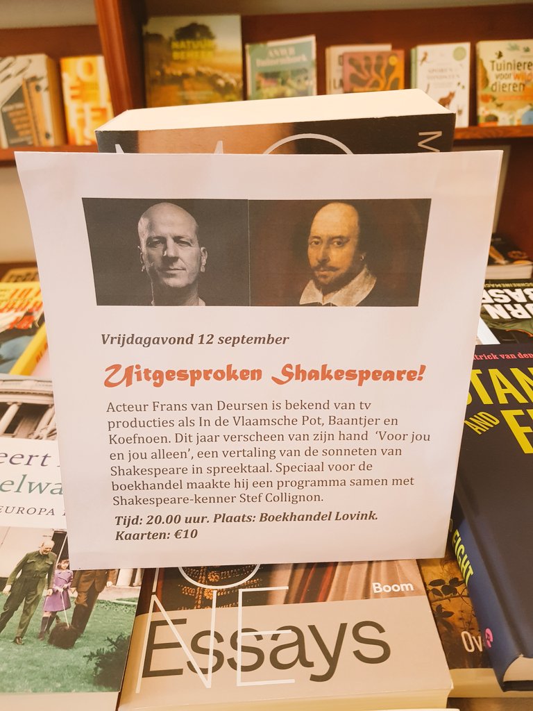 Shakespeare Sonetten
door Frans van Deursen.
Vrijdag, 12 september.
20.00
Bij <a href="/lovinksboeken/">Boekhandel Lovink</a> #Lochem
Entree: 10,-