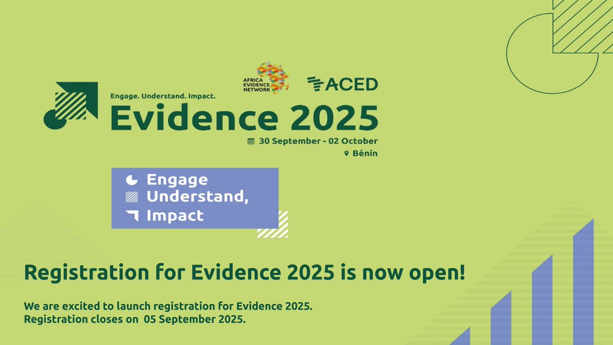 Join the Pan-African community at #Evidence2025!

Engage, learn, share, and build relationships with #EIDM stakeholders in Cotonou, Benin (Sept 30-Oct 2).

Advance evidence-informed decision-making (#EIDM) across #Africa.

Register by Sept 5 (free for Africans &amp; low-income