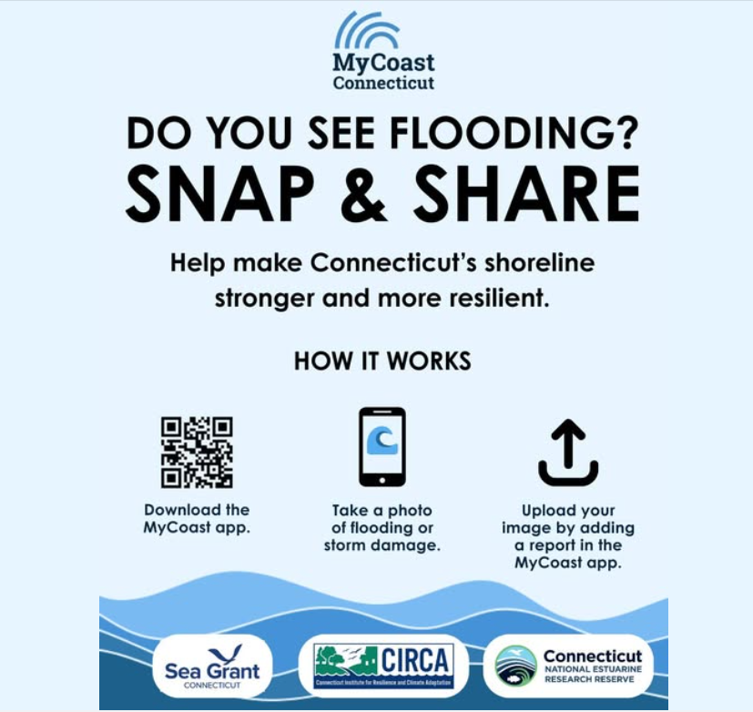 Your Hurricane Erin photos matter!
You can help improve our understanding and response to coastal storms. We are looking for photos of impacts to roads and sidewalks, homes and yards, shoreline access areas, and more!
To download the app, visit mycoast.org/ct