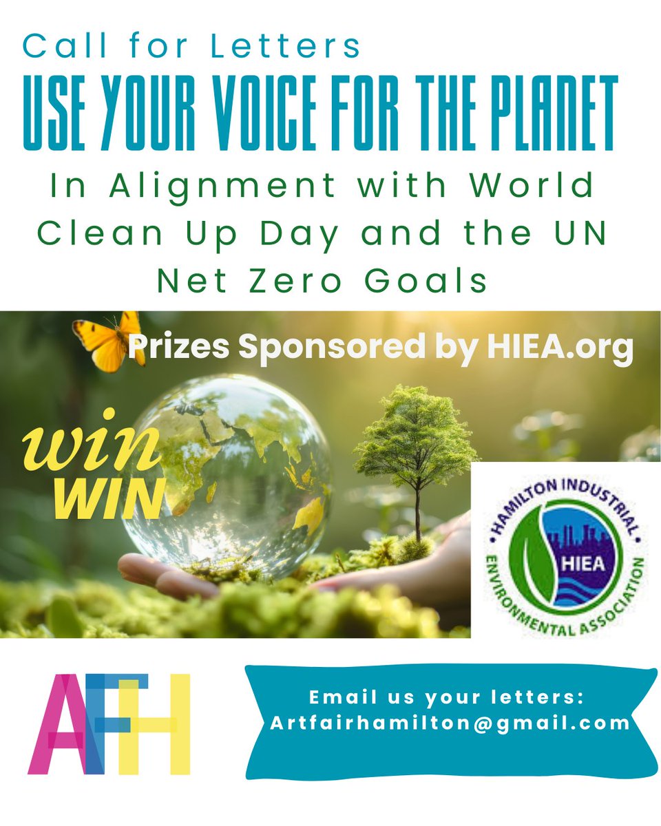 CoWorkFactory2's tweet image. Write a Letter for the Environment and win one of 3 prizes. 1st Prize most engaging letter $100.00, 2nd and 3rd prize $50.00
Details Here: artfairhamiltonevents.com/highlights