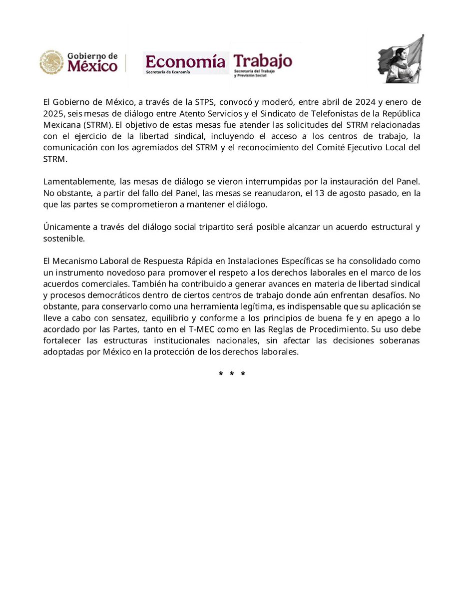 Panel del T-MEC publica Informe Final en el caso Atento Servicios del Mecanismo Laboral de Respuesta Rápida en Instalaciones Específicas.