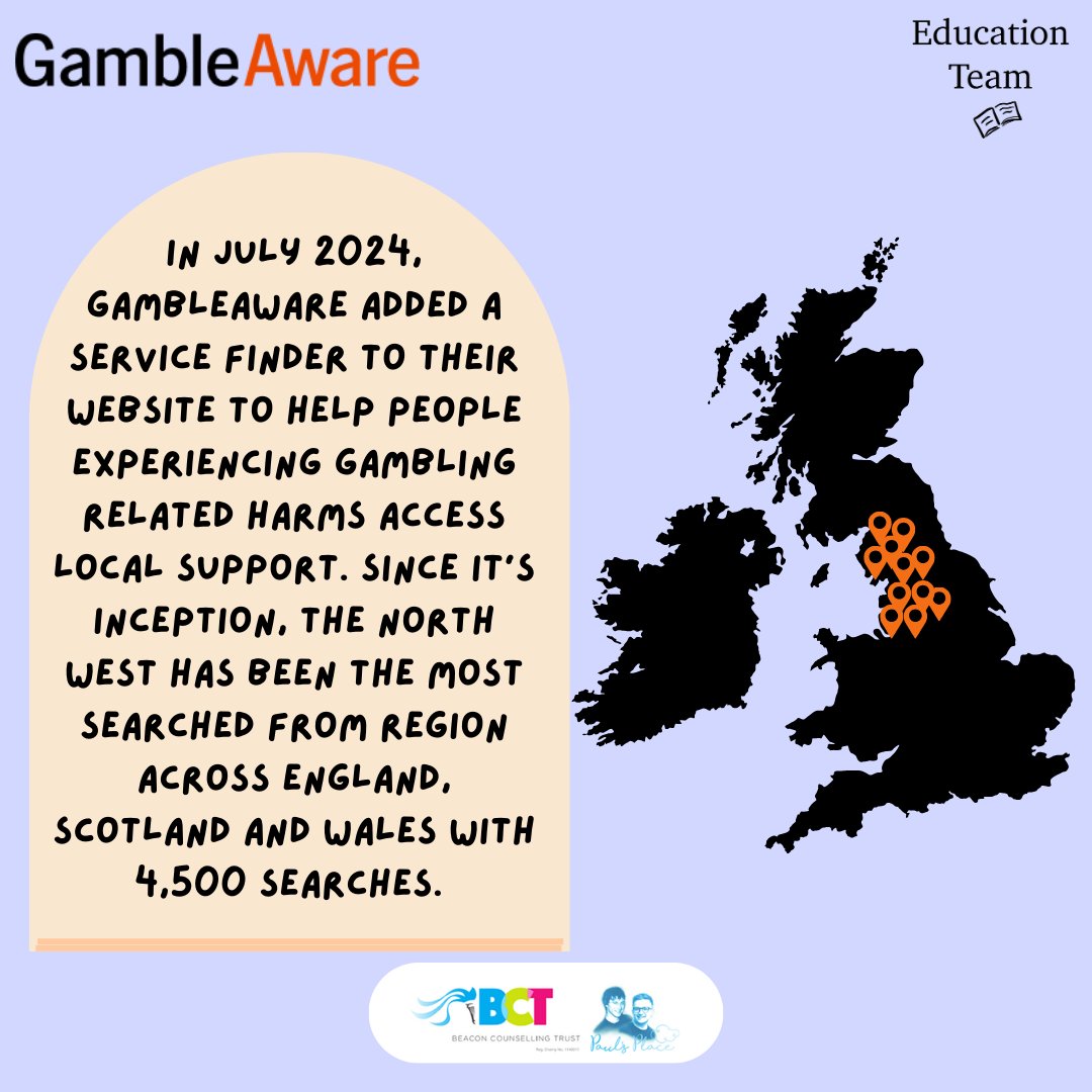 Beacon Counselling Trust (@bctnorthwest) on Twitter photo In July 2024, <a href="/gambleawaregb/">GambleAware</a> added a service finder to their website to help people experiencing gambling related harms access local support. Since it’s inception, the North West has been the most searched from region across England, Scotland and Wales with 4,500 searches. In July 2024, <a href="/gambleawaregb/">GambleAware</a> added a service finder to their website to help people experiencing gambling related harms access local support. Since it’s inception, the North West has been the most searched from region across England, Scotland and Wales with 4,500 searches.