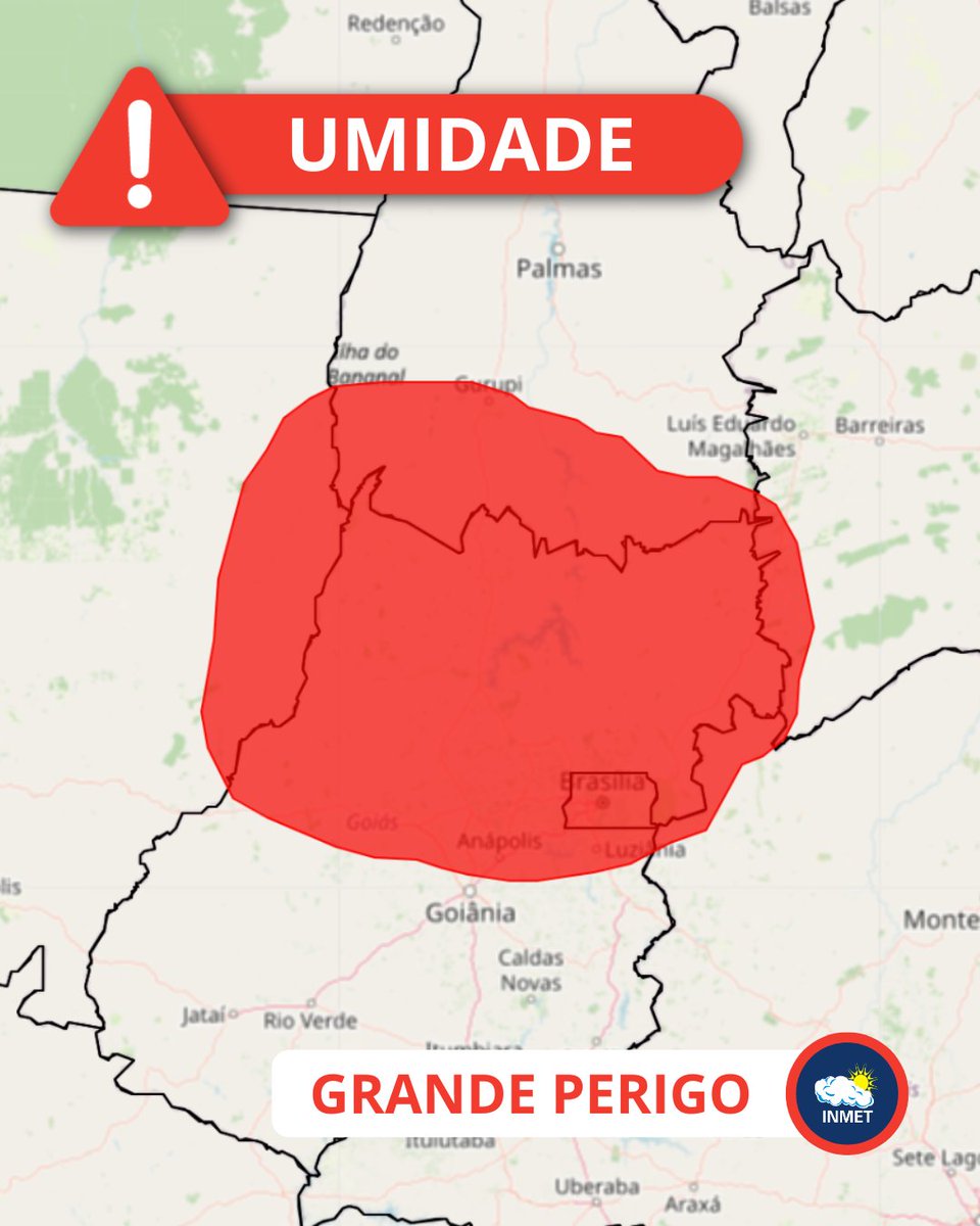 ⚠ Atenção: Previsão de baixa umidade hoje (22), em áreas de MT, TO, GO, MG, BA e em todo o DF. A umidade relativa do ar deve ficar abaixo de 12%.

🔴 Confira o aviso vermelho (grande perigo) 👉 alertas2.inmet.gov.br/51423
Siga as recomendações da Defesa Civil❗
#umidade