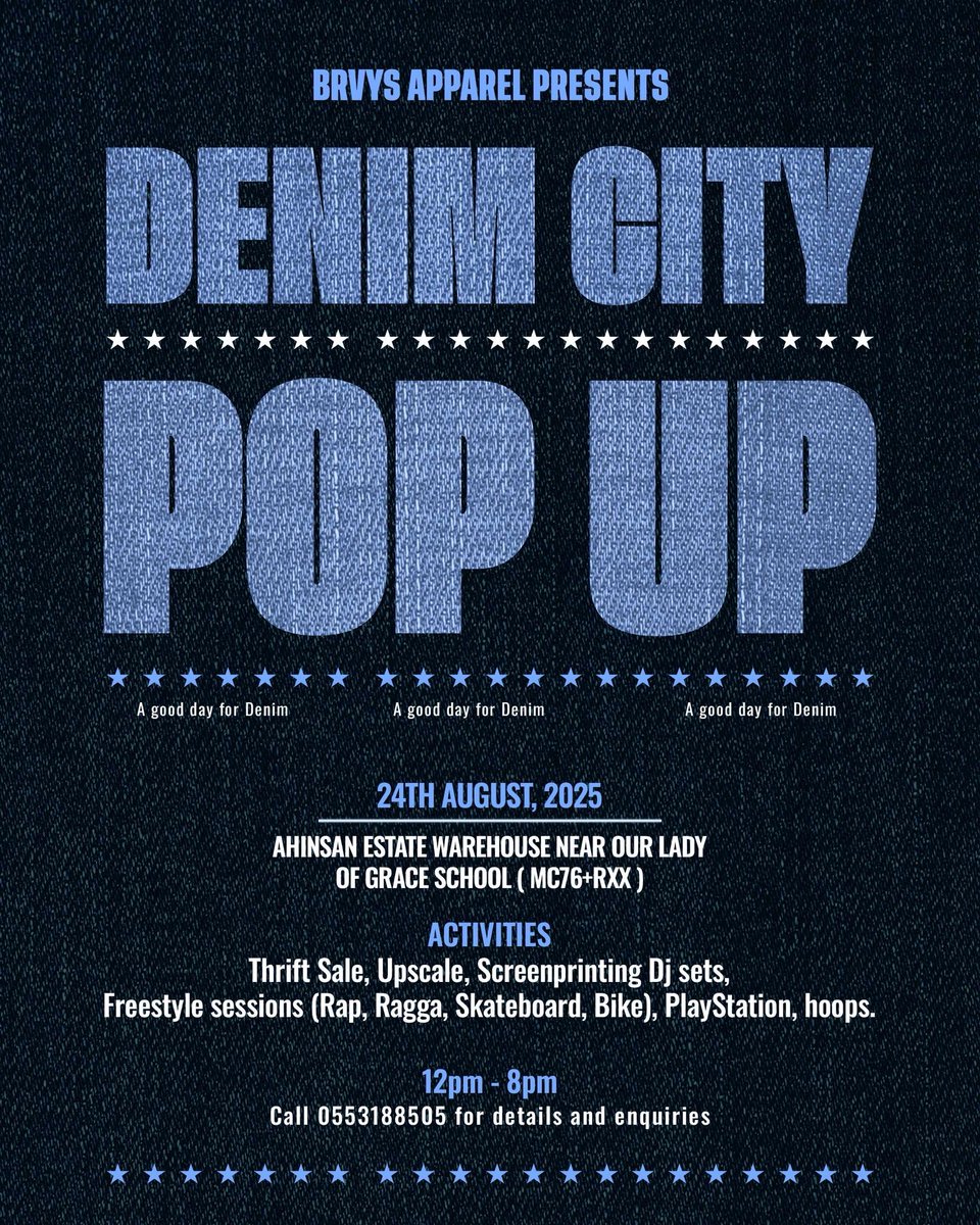 CheeseWave (@cheesewavegh) on Twitter photo DENIM CITY, a pop up by <a href="/brvysapparel/">brvysapparel</a> takes place this Sunday at Ahinsan Estate Warehouse, near Our Lady Of Grace School.
Pull up if you’re a lover of fashion , skating and good music. DENIM CITY, a pop up by <a href="/brvysapparel/">brvysapparel</a> takes place this Sunday at Ahinsan Estate Warehouse, near Our Lady Of Grace School.
Pull up if you’re a lover of fashion , skating and good music.