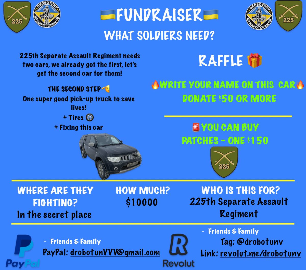 Drobotun Vitalii ๐บ๐ฆ (@drobotunvitalii) on Twitter photo Letโs show that we are strong and together!
Help if you can! Very important to get the car for the defenders from 225th to save lives!
โ๏ธYour name on the car - $50 or more
One patch - $150
๐
ฟ๏ธ๐
ฟ๏ธ: drobotunVVV@gmail.com
ยฎ๏ธ&๐: revolut.me/drobotunv Letโs show that we are strong and together!
Help if you can! Very important to get the car for the defenders from 225th to save lives!
โ๏ธYour name on the car - $50 or more
One patch - $150
๐
ฟ๏ธ๐
ฟ๏ธ: drobotunVVV@gmail.com
ยฎ๏ธ&๐: revolut.me/drobotunv