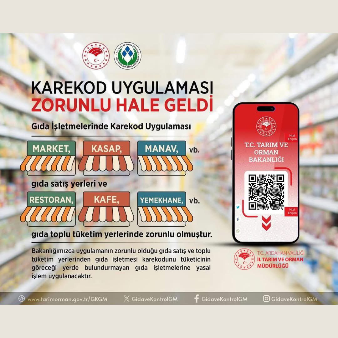 Ardahan İl Tarım ve Orman Müdürlüğü (@ardahantarim) on Twitter photo KAREKOD UYGULAMASI ZORUNLU HALE GELDİ.
Gıda işletmelerinde karekod uygulaması gıda toplu tüketim yerlerinde zorunlu olmuştur.
<a href="/TCTarim/">T.C. Tarım ve Orman Bakanlığı</a> <a href="/ibrahimyumakli/">İbrahim Yumaklı</a> <a href="/ArdahanValiligi/">Ardahan Valiliği</a> <a href="/fatih_cineviz/">Fatih Cineviz</a> KAREKOD UYGULAMASI ZORUNLU HALE GELDİ.
Gıda işletmelerinde karekod uygulaması gıda toplu tüketim yerlerinde zorunlu olmuştur.
<a href="/TCTarim/">T.C. Tarım ve Orman Bakanlığı</a> <a href="/ibrahimyumakli/">İbrahim Yumaklı</a> <a href="/ArdahanValiligi/">Ardahan Valiliği</a> <a href="/fatih_cineviz/">Fatih Cineviz</a>