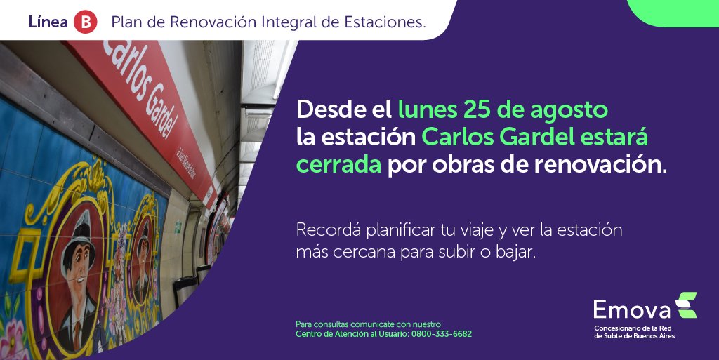 Emova_arg's tweet image. 🚨 ¡Atención usuarios!

📅 Desde el lunes 25 de agosto la estación Carlos Gardel de la #LíneaB estará cerrada por obras de renovación.