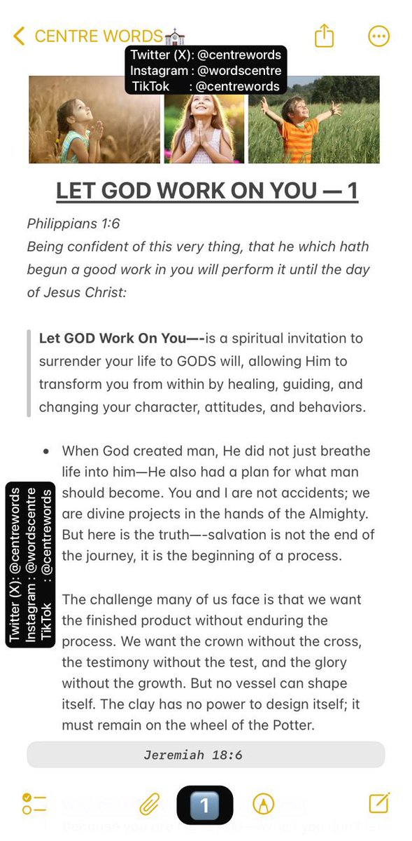 CentreWords's tweet image. LET GOD WORK ON YOU— PART 1

When you stop striving and let God work on you, He shapes what your hands could never fix. Trust the process, He is the Potter, you are the clay. 🙏 
#LetGodWork #DivineProcess