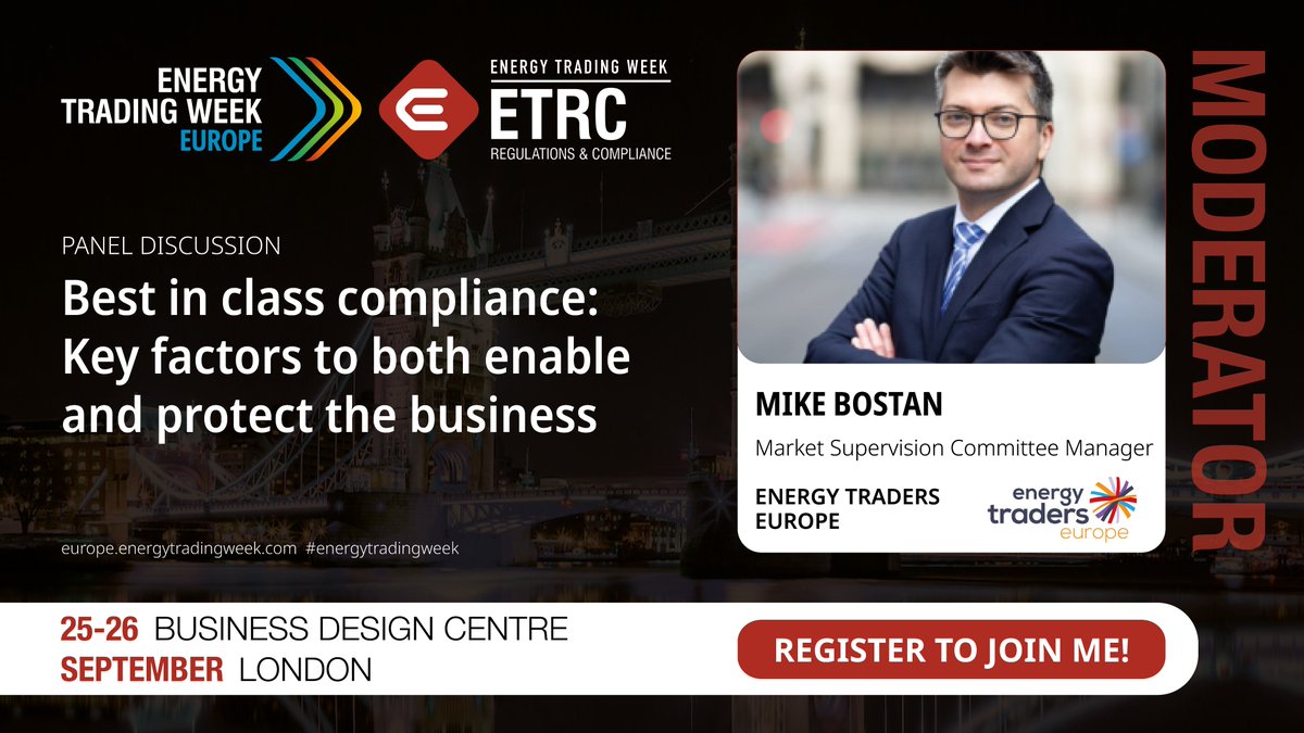 🎤Our Market Supervision Committee Manager <a href="/MikeBostan/">Mike Bostan</a> will moderate the panel "𝐁𝐞𝐬𝐭 𝐢𝐧 𝐜𝐥𝐚𝐬𝐬 𝐜𝐨𝐦𝐩𝐥𝐢𝐚𝐧𝐜𝐞" at #EnergyTradingWeek next month. 

🗓️ Friday 26 September
🕒 13:35-14:20
📍 London Business Design Centre

More info 👉 europe.energytradingweek.com 

#ETW25