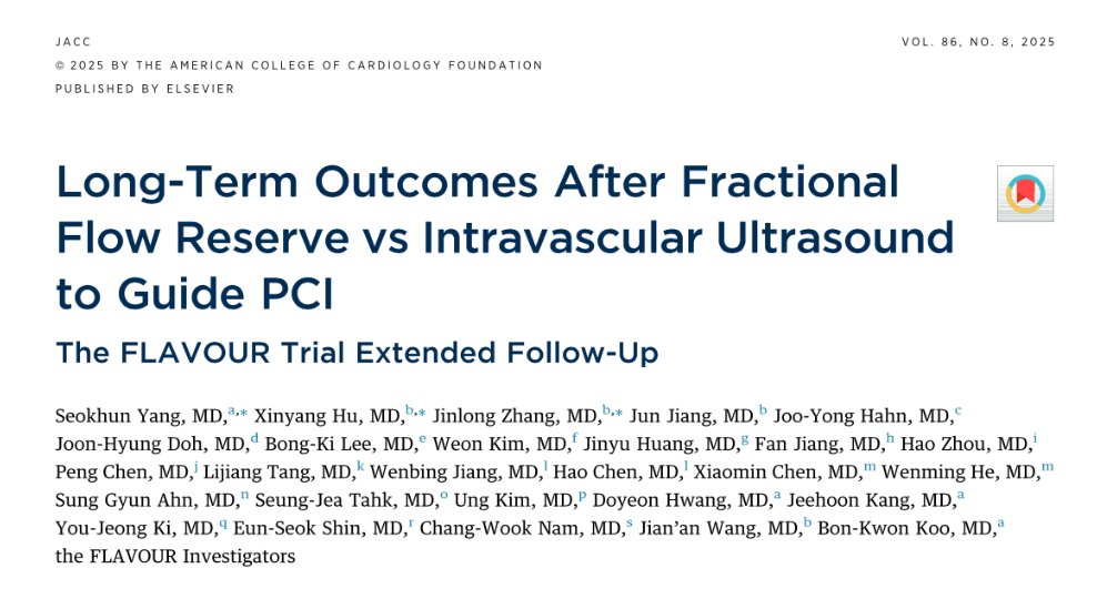 Abdulla A. Damluji, MD, PhD (@drdamluji) on Twitter photo Long-Term Outcomes After Fractional Flow Reserve vs Intravascular Ultrasound to Guide PCI: The FLAVOUR Trial Extended Follow-Up: <a href="/JACCJournals/">JACC Journals</a>
🥸FFR-guided and IVUS-guided treatment strategies resulted in comparable long-term outcomes
👇👇👇 Long-Term Outcomes After Fractional Flow Reserve vs Intravascular Ultrasound to Guide PCI: The FLAVOUR Trial Extended Follow-Up: <a href="/JACCJournals/">JACC Journals</a>
🥸FFR-guided and IVUS-guided treatment strategies resulted in comparable long-term outcomes
👇👇👇