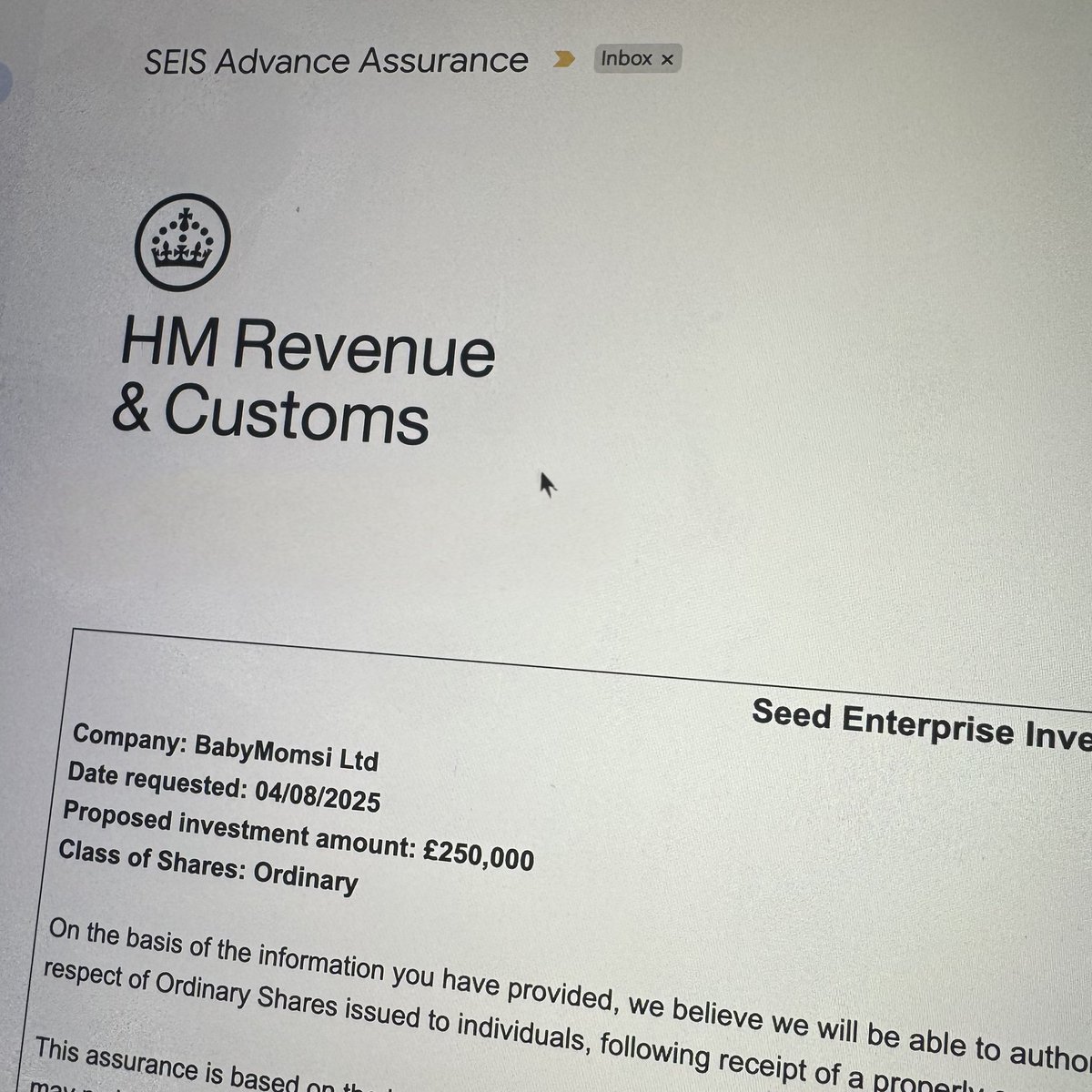 We’re SEIS Pre-approved!!
Our <a href="/babymomsi/">BabyMomsi</a> SEIS Advance Assurance application has been approved by HMRC for an Investment amount of £250k!🎉

Officially fundraising our pre-seed for UK Angel Investors who can benefit 50% tax relief from investing. 1/10 committed. Send dm, for deck.