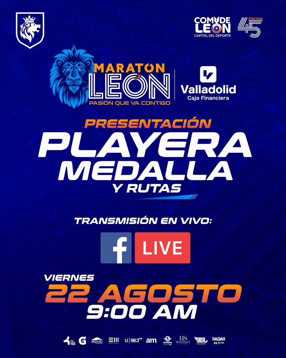 Sigue en vivo la presentación de la playera, medalla y rutas oficiales del Maratón León Valladolid 2025 en punto de las 9am

#MaratónLeón #PasiónQueVaContigo