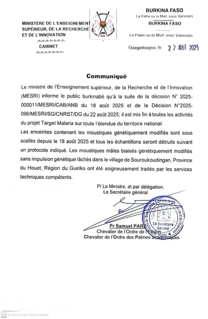 JusteMien's tweet photo. #BurkinaFaso
Le ministère de la #Recherche met fin aux activités de #Target_Malaria sur toute l'étendue du territoire national. Les enceintes contenant les moustiques génétiquement modifiés sont sous scellés et seront détruites selon un protocole. #Lwili https://t.co/m9uGXkh6HK