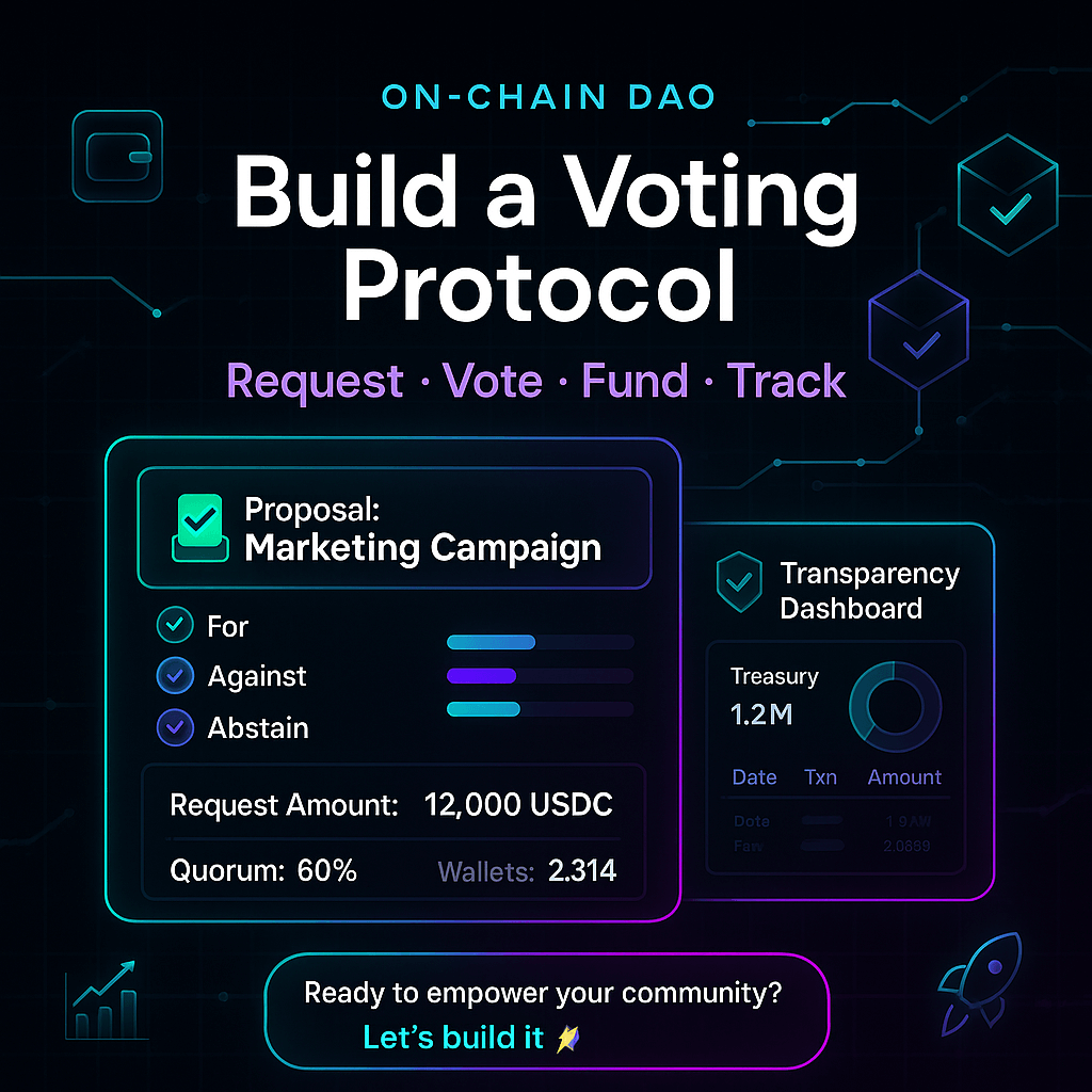 Building a voting protocol. Allows creators to make funding requests to community members. 

Simplifies funding the community post launch giving transparency on sells and spending without community fear of creator dumps.

Ready to empower your community? Let’s build it 🚀