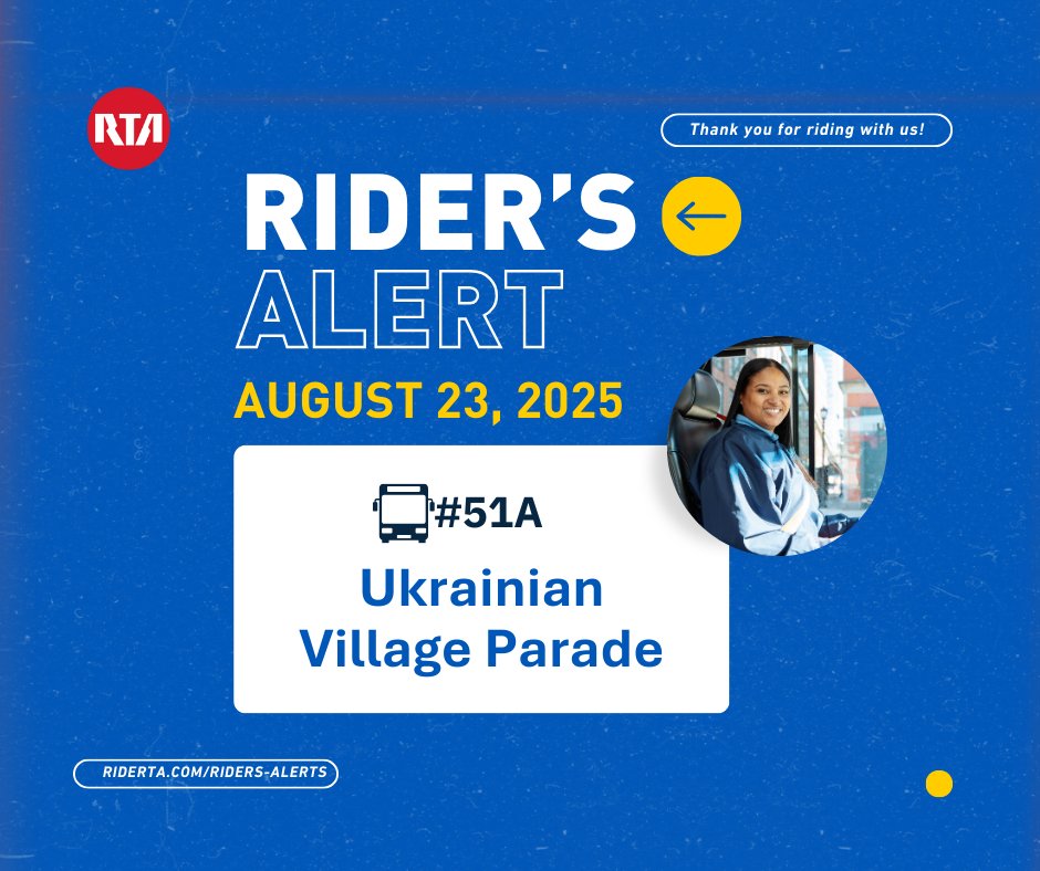 GCRTA's tweet photo. Heads up, Parma residents! Due to the Ukrainian Village Parade this Saturday, August 23, the #51A bus line will be rerouted from 10:45 AM to 1:30 PM.
To plan your trip please use Transit App. We appreciate your patience and hope you enjoy the parade! 🙏 https://t.co/8xYFSCRNXK https://t.co/M6cEh0AyEZ