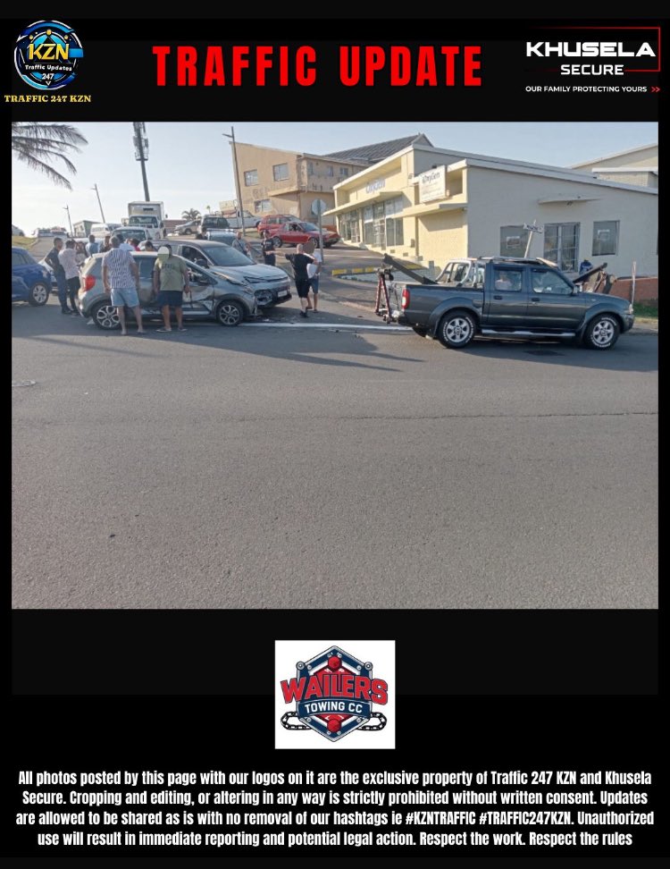 Time - 15:43
Date - 22 August 2025

3 Car MVC 
C/O Marine Drive and Grays Inn
Wailerz Towing, Unique Towing &amp; ALSParamedics On Scene 

#KZNTRAFFIC #TRAFFIC247KZN