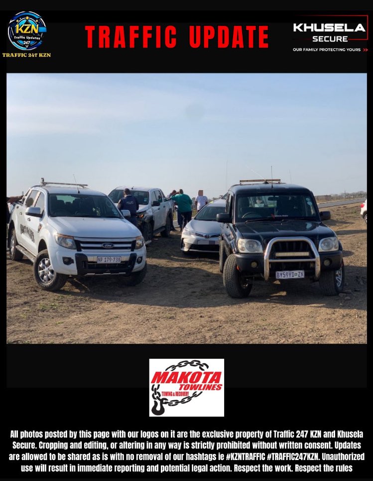 Time - 15:47
Date - 22 August 2025

2 Car MVC
N3 Northbound Lion Park
Makota Towing &amp; Pierres Towlines On Scene 

#KZNTRAFFIC #TRAFFIC247KZN