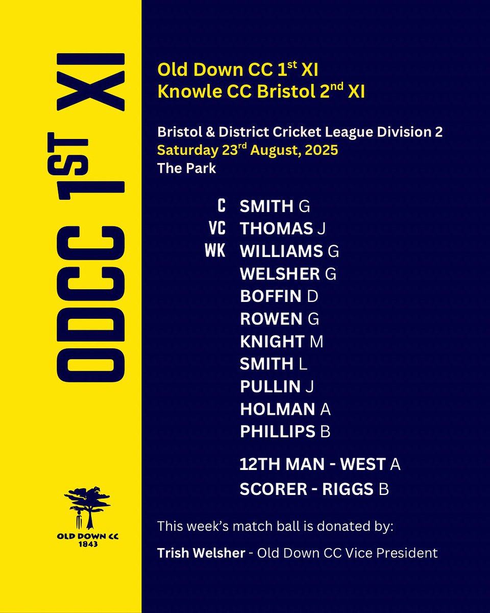 Tomorrow’s team sheet! ODCC 1st XI vs <a href="/KnowleCC/">Knowle Cricket Club</a> 2nd XI at The Park @ 1PM! Come support the lads! Bar open from 2pm. 🏏 #UpTheDown #SupportLocal #cricket