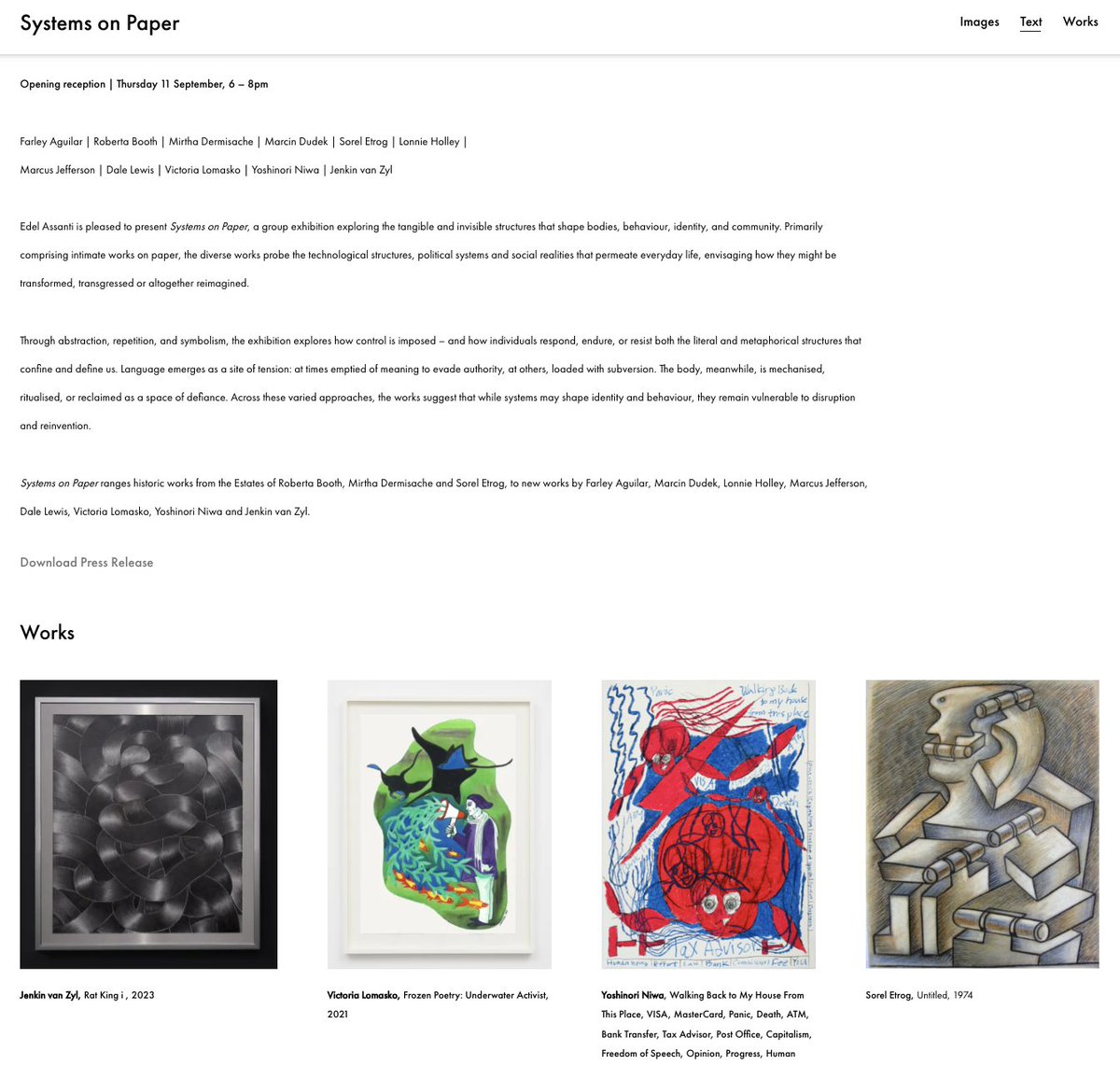 グラーツの展覧会とほぼ同時期には、ロンドンのギャラリーEdel Assantiではグループ展「Systems on Paper」。こっちの作品のタイトルも少し長め。edelassanti.com/exhibitions/13…