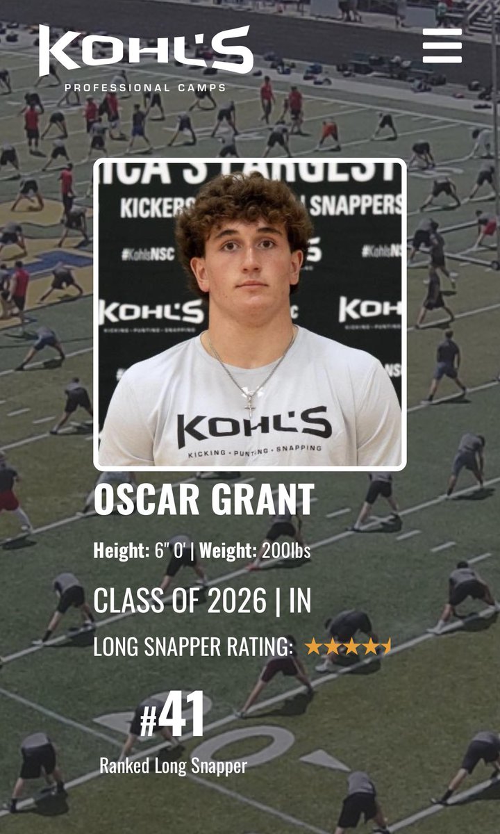 OscarGrant07's tweet photo. After a great performance at the Kohl’s National Scholarship Camp in Tennessee I am officially a 4.5 star long snapper through @KohlsKicking thank you to all who have helped me get where I am today @BHSdogsfootball @BethWalkerGrant @UseBrad https://t.co/TTKRO3jORT