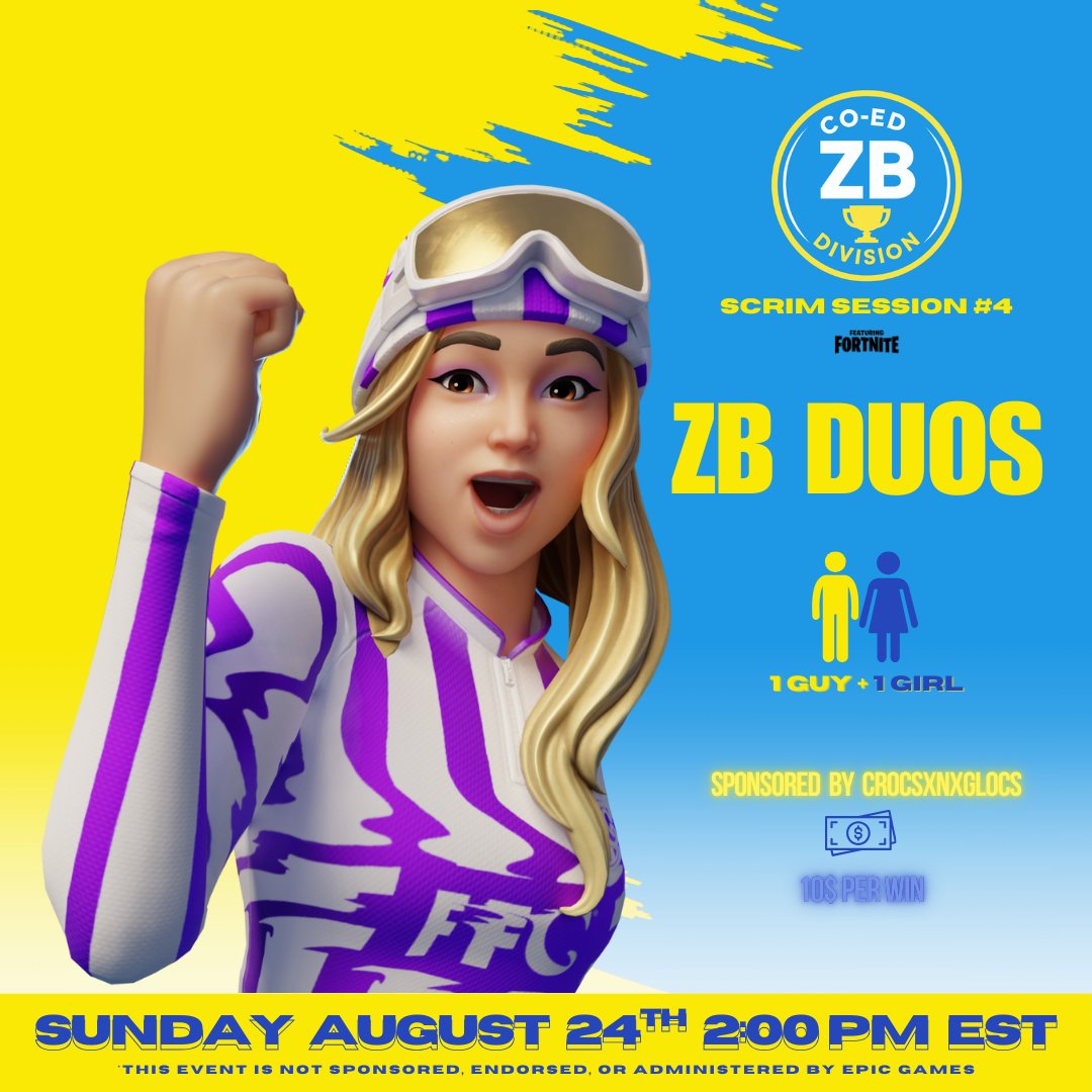 Co-Ed Zero Build Division (@coed_zbd) on Twitter photo Next ZBD scrim sesh coming! โฌ
๐
SUN August 24th @ 2 PM EST
2โฃ ZB coed duos
๐ฉโโค๏ธโ๐จ1 girl + 1 boy
๐ค Sponsored by <a href="/CrocsxNxGlocs/">crocsxnxglocs</a> - 10$ per win!
Need 18 more duos to sign up! ๐
Tag your duo
or
Share this to a friend who might want in โ๏ธ Next ZBD scrim sesh coming! โฌ
๐
SUN August 24th @ 2 PM EST
2โฃ ZB coed duos
๐ฉโโค๏ธโ๐จ1 girl + 1 boy
๐ค Sponsored by <a href="/CrocsxNxGlocs/">crocsxnxglocs</a> - 10$ per win!
Need 18 more duos to sign up! ๐
Tag your duo
or
Share this to a friend who might want in โ๏ธ