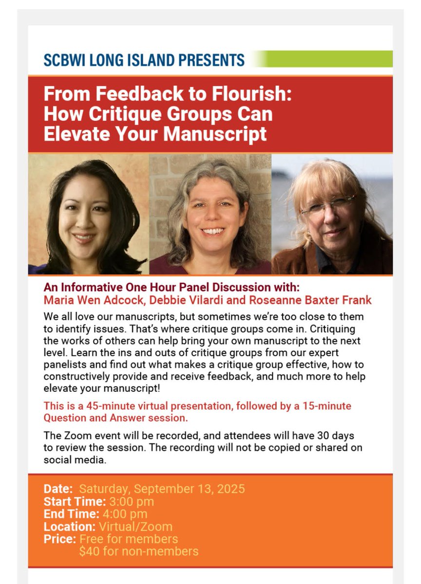 Come join us for this virtual event!
Critiques are an art and groups are important to bring your story to the next level.
Saturday, Sept 13 - 3-4pm with Q&amp;A

scbwi.org/events/scbwi-l…