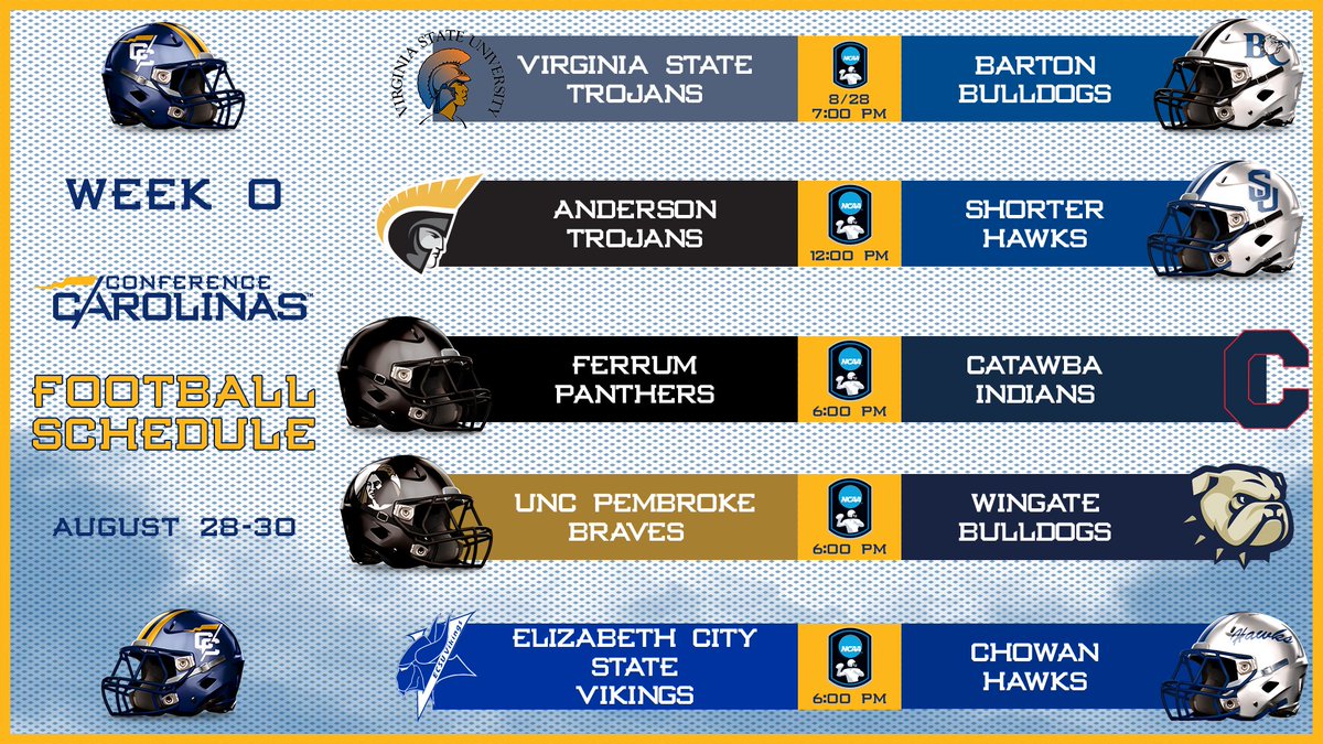 Conference Carolinas (@confcarolinas) on Twitter photo Football is here! FIVE Conference Carolinas teams are in action this week in Week 0, starting with <a href="/BartonAthletics/">Barton College Athletics</a> on Thursday night! <a href="/ShorterHawks/">Shorter Hawks</a>, <a href="/FerrumAthletics/">Ferrum Athletics</a>, <a href="/UNCP_Sports/">UNCP Braves l #BraveNation</a> and <a href="/cuhawks/">Chowan Athletics</a> all take the field on Saturday!
🔗: bit.ly/4g8SsqB
#LeadingTheWay Football is here! FIVE Conference Carolinas teams are in action this week in Week 0, starting with <a href="/BartonAthletics/">Barton College Athletics</a> on Thursday night! <a href="/ShorterHawks/">Shorter Hawks</a>, <a href="/FerrumAthletics/">Ferrum Athletics</a>, <a href="/UNCP_Sports/">UNCP Braves l #BraveNation</a> and <a href="/cuhawks/">Chowan Athletics</a> all take the field on Saturday!
🔗: bit.ly/4g8SsqB
#LeadingTheWay