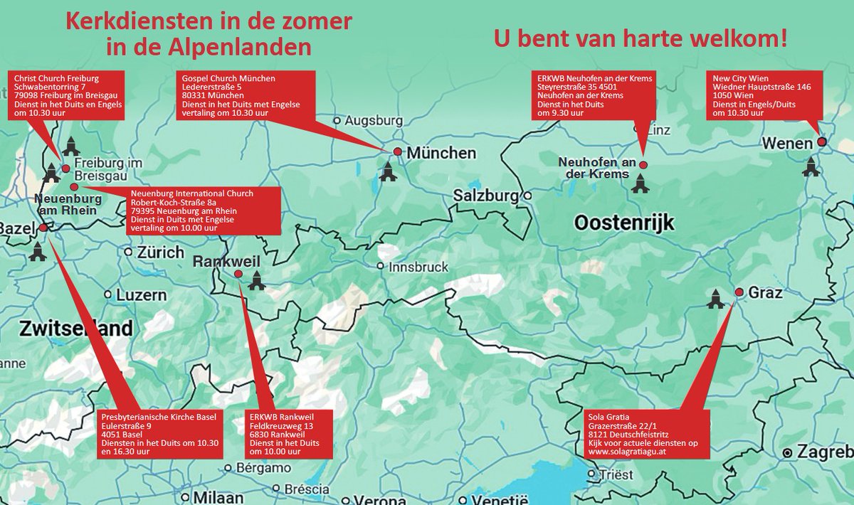 Op zondag staan de deuren van de #ERKWB-kerken weer open. In #Oostenrijk ben je welkom in #Rankweil, #Neuhofen a/d Krems, #Wenen en #Graz, in #Zwitserland in #Basel en in#Duitsland in #Neuenburg am Rhein, #Freiburg en #München.
Adres en tijd vind je op erkwb.org