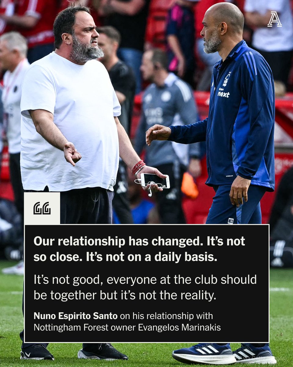 TheAthleticFC's tweet image. Nuno Espirito Santo has said his relationship with Nottingham Forest owner Evangelos Marinakis has changed since last season and the two are “not so close” anymore.

“I have always had a very good relationship with the owner, last season was very, very close, almost on a daily…