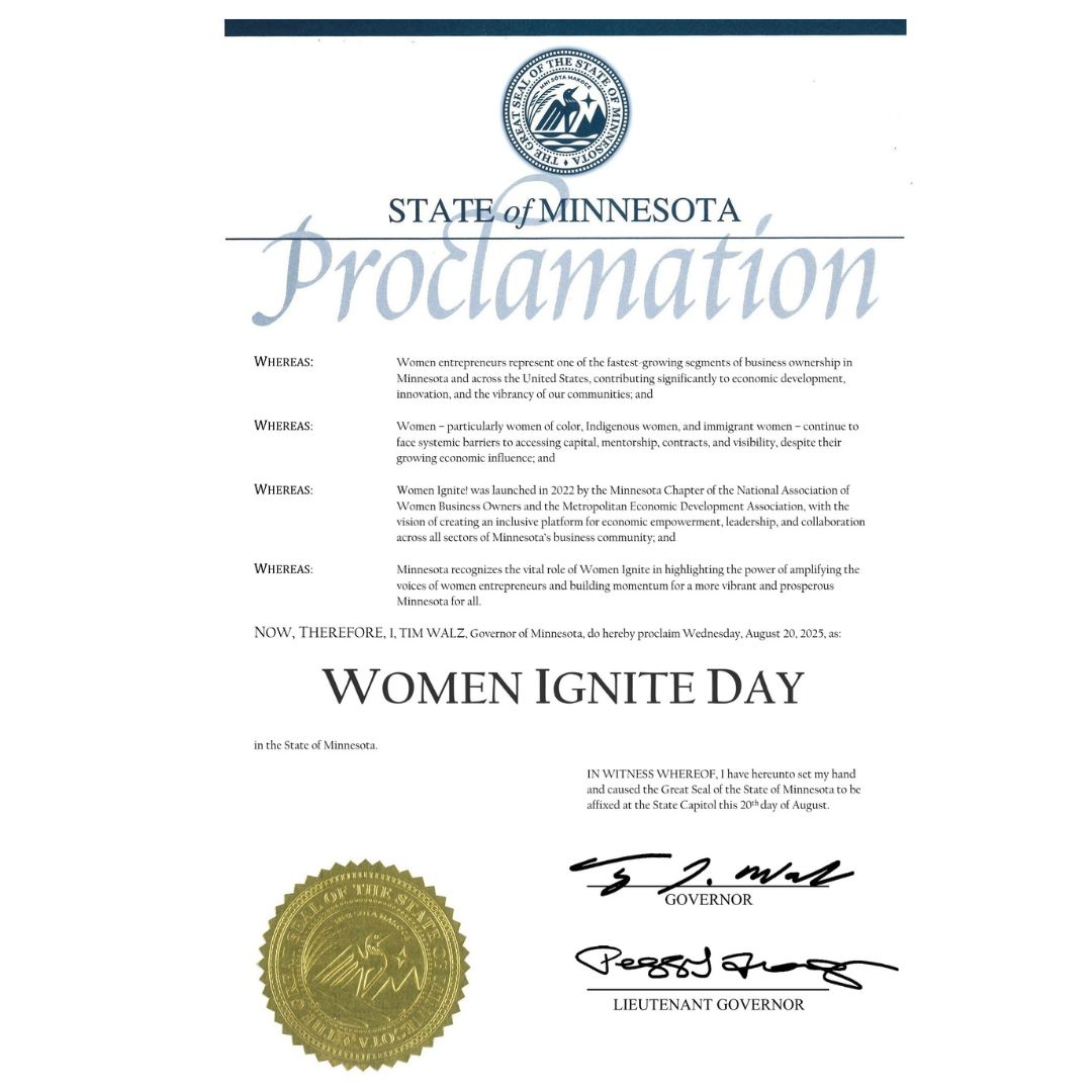 Governor Tim Walz proclaims Aug 20, 2025 as Women Ignite Day in Minnesota.  
Launched by NAWBO-MN &amp; MEDA, Women Ignite is powered by partners, collaborators &amp; changemakers uplifting women leaders &amp; entrepreneurs.
#WomenIgniteDay #WomenIgnite #NAWBO #MEDA