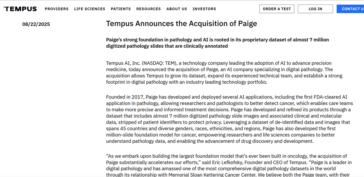 $TEM 🔥Tempus just made a huge move buying Paige, and it’s one of the most bullish signals yet. Paige isn’t just another AI shop, they built the first FDA-cleared pathology AI, trained on nearly 7 million digitized cancer slides. That means Tempus instantly adds the visual layer