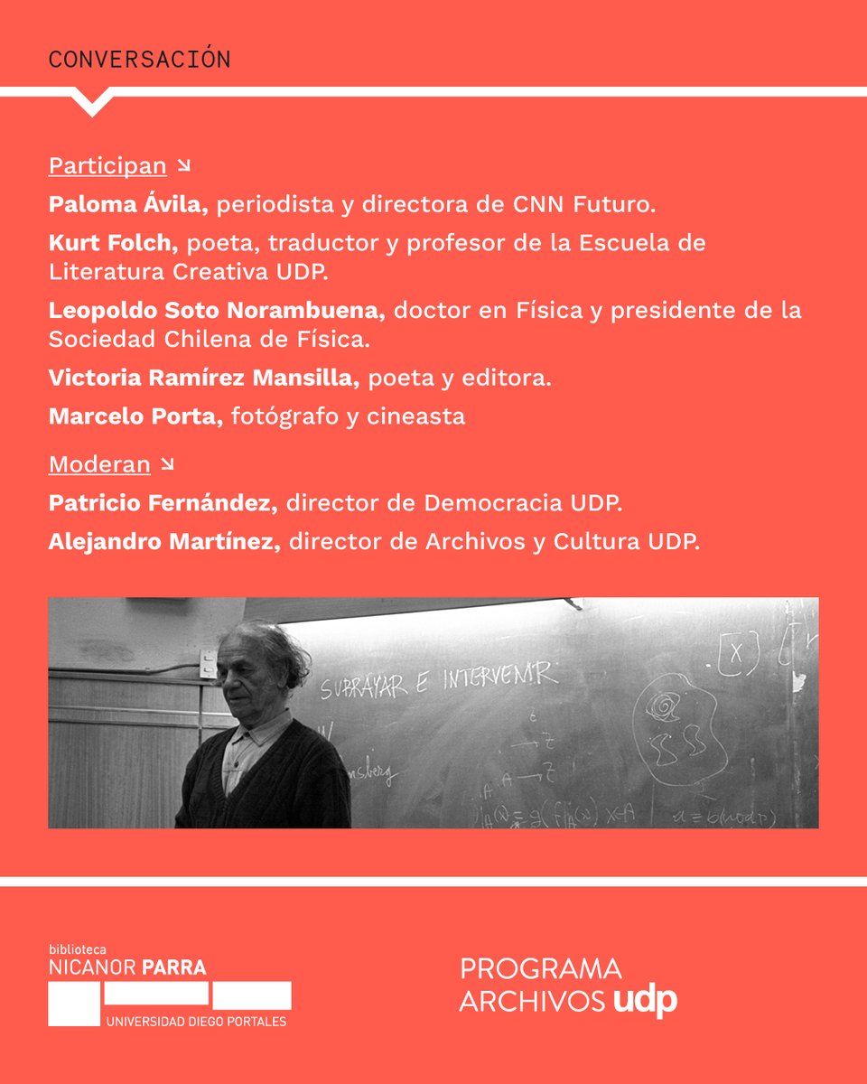 #CulturaUDP | El 5 de septiembre se desarrollará la conversación "Nicanor Parra, físico. Ciencia y antipoesía en el laboratorio del lenguaje"🗓️

Te esperamos en la Sala B31 de la Biblioteca Nicanor Parra (Vergara 324, Santiago)📍

Visita udp.cl📲

#UDP #Cultura