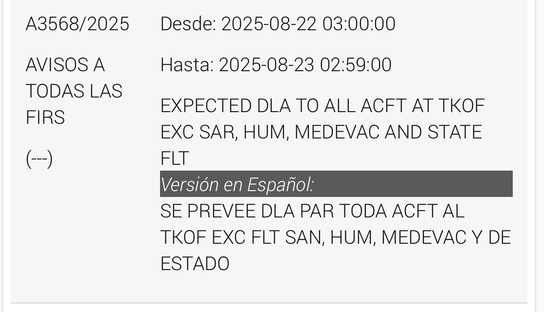 NOTAM publicado. Se prevén demoras para todas las aeronaves que despegan en las franjas horarias mencionadas por huelga de los servicios de navegación aérea <a href="/PaoBarritta/">Paola Barritta</a> <a href="/ATEPSA_Nacional/">ATEPSA</a>
