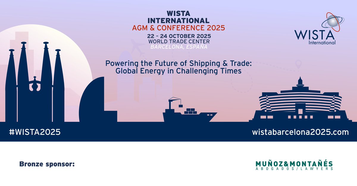🤝 Sponsor Announcement - Munoz &amp; Montanes

We are proud to welcome Muñoz &amp; Montañés as a bronze sponsor of the 2025 WISTA International AGM &amp; Conference!

 📅 Join us in Barcelona from 22-24 October – register here: wistabarcelona2025.com
 
#WISTA2025 #Maritime #shipping