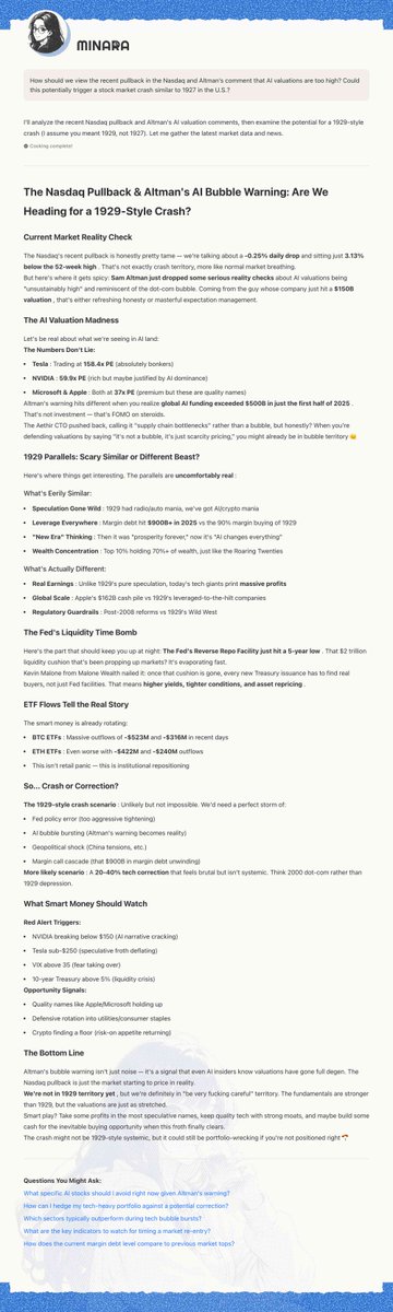 Sam Altman just warned AI may be in a bubble.

Are we heading for a 1929-style crash?

See how Minara breaks it down:
• Current market reality check
• Altman's warning
• 1929 vs. 2025 parallels
• Real risk assessment

Minara turns noise into clarity:
minara.ai/share/chat/68a…