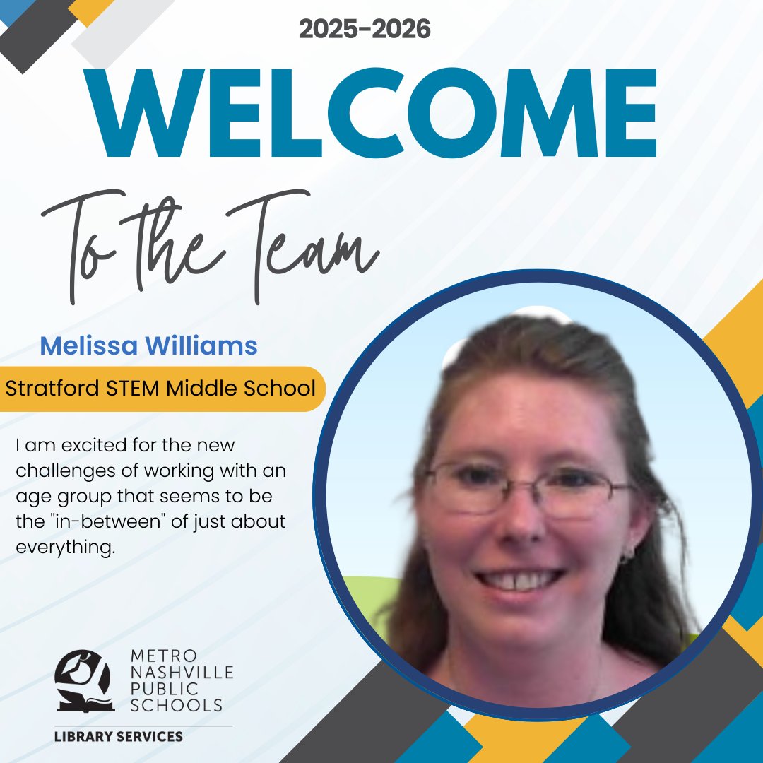MNPSLibraries's tweet image. Though she is not new to the team, Melissa Williams is joining the Stratford STEM Middle School Library! She is excited for the new challenges of working with an age group that seems to be the "in-between" of just about everything! @metroschools #mnpslibraries