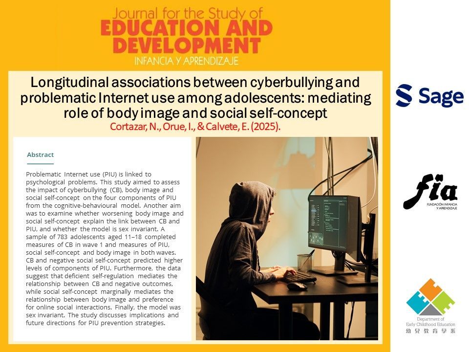 "Longitudinal associations between cyberbullying and problematic Internet use among adolescents: mediating role of body image and social self-concept“
doi.org/10.1177/021037…

By Nerea Cortazar, Izaskun Orue and Esther Calvete

#education #development #research #cyberbullying