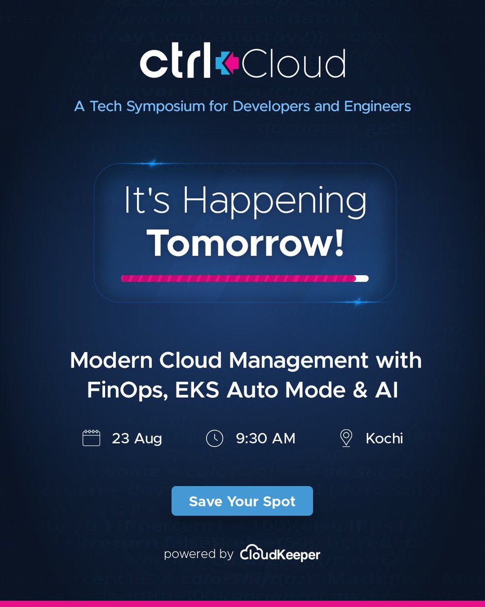 🚀 Kochi, are you ready?

Only 1 day to go for Ctrl+Cloud - the ultimate tech symposium for developers &amp; engineers.

📅 23 June 2025
🕤 9:30 AM
📍 Jain University, Kochi

Register now for free - meetup.com/ctrl-cloud-pow…

#DevOps #FinOps #AI #GenAI #Events #Startups #CloudComputing