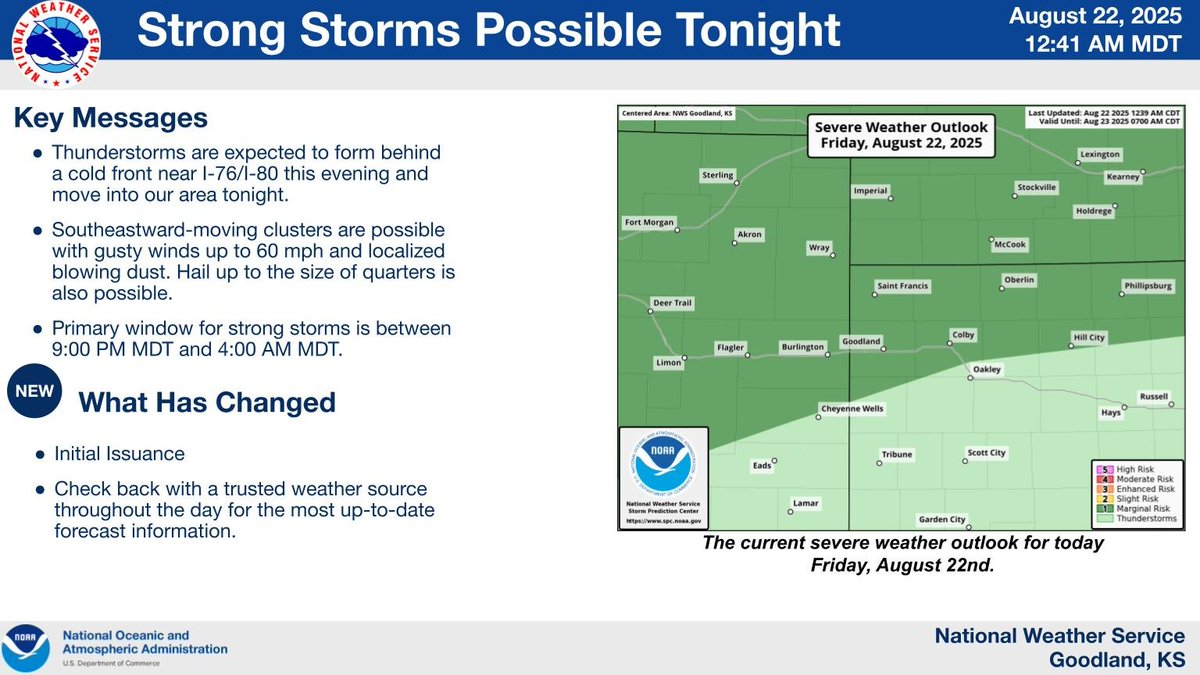 Dundy &amp; Hitchcock Cos - High in the low 90's with sunny to slight chance of T-storms for today. Low in the low 60's with showers likely for tonight.
Saturday's High/Low low 80's/upper 50's with chance showers to mostly sunny/chance T-storms.
(1/2)