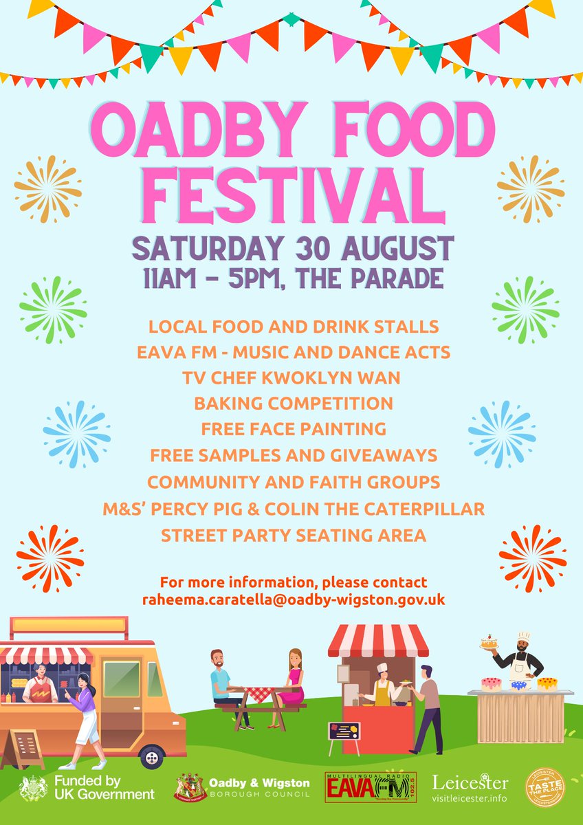 🤩 Just one week to go until the Oadby Food Festival on Saturday 30 August - we can't wait to see you there!

🍜 With confirmed food vendors offering attendees everything from a sweet treat to a taste of Thailand to Caribbean classics there's something for everyone!

✨ There's