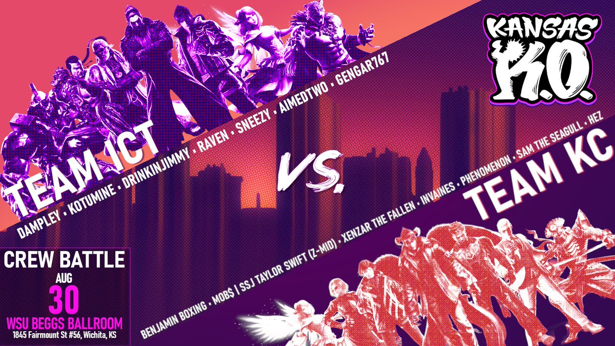 Speaking of <a href="/Kansas_KO/">Kansas K.O.</a>, check out the TEKKEN 8 Exhibition 7vs7 and cheer on Team KC!

Mob$ | SSJ Taylor Swift (Z-Mid)
Hez
Phenomenon
XenZar The Fallen
InVaines
Sam The Seagull (of Combo Breaker fame)
Benjamin Boxing

streamed live at twitch.tv/wichita_fgc