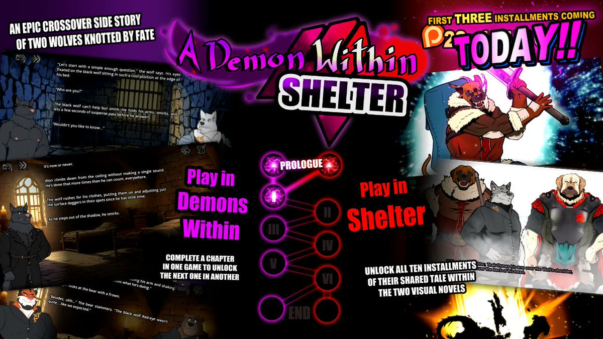 shelter_vn's tweet image. The epic crossover A Demon Within Shelter with @DemonsWithinVN  is now OUT for supporters!

Play this special story in BOTH Shelter and Demons Within to progress it. Help these two wolves navigate entirely different lands as they each face their own challenges!
🐺🐺