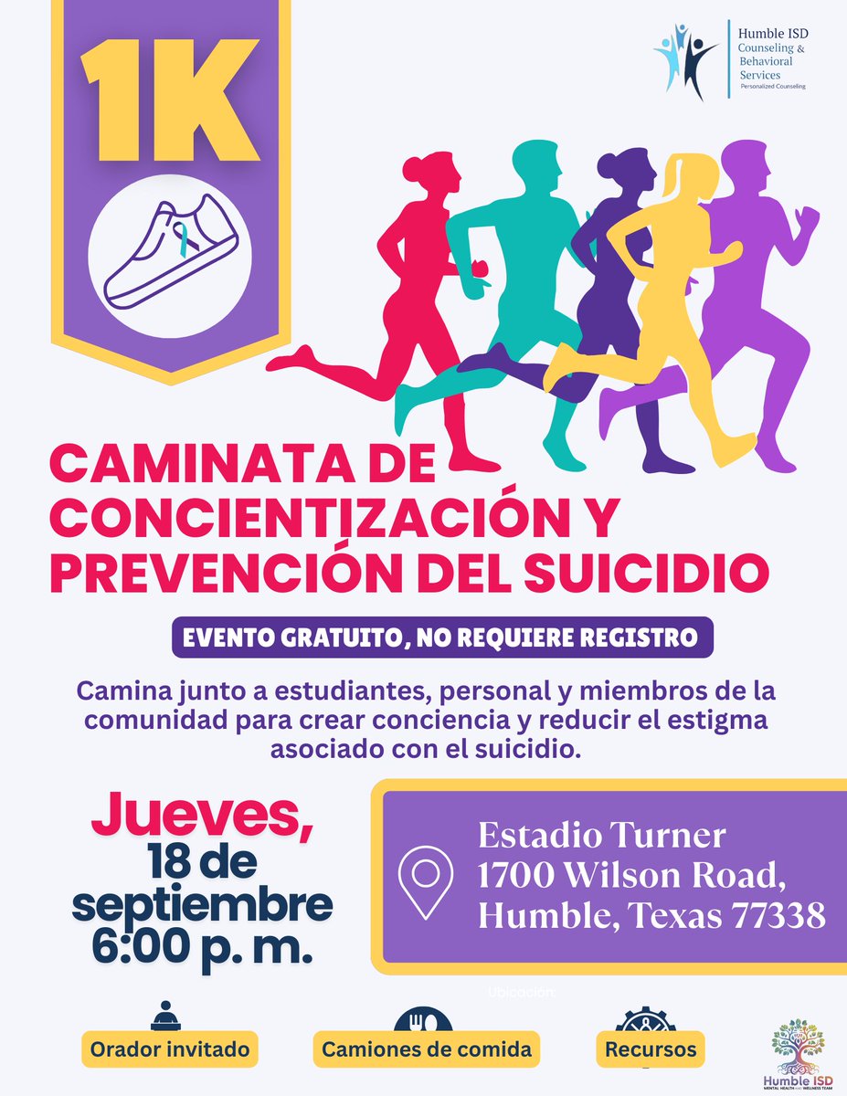 HumbleISD_CBS (@humbleisd_cbs) on Twitter photo Every step makes a difference. Walk alongside students, staff, and families at the Suicide Awareness & Prevention Walk on September 18 at 6 PM at Turner Stadium. This free community event is open to all—let’s walk together to raise awareness! #HumbleISD #MentalHealthMatters Every step makes a difference. Walk alongside students, staff, and families at the Suicide Awareness & Prevention Walk on September 18 at 6 PM at Turner Stadium. This free community event is open to all—let’s walk together to raise awareness! #HumbleISD #MentalHealthMatters