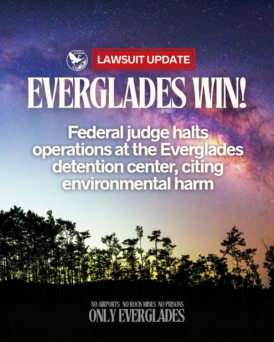 Congrats to <a href="/FoEverglades/">Friends of the Everglades</a>, <a href="/CenterForBioDiv/">Center for Biological Diversity</a> and the Miccosukee Tribe for fighting the good fight on #AlligatorAlcatraz