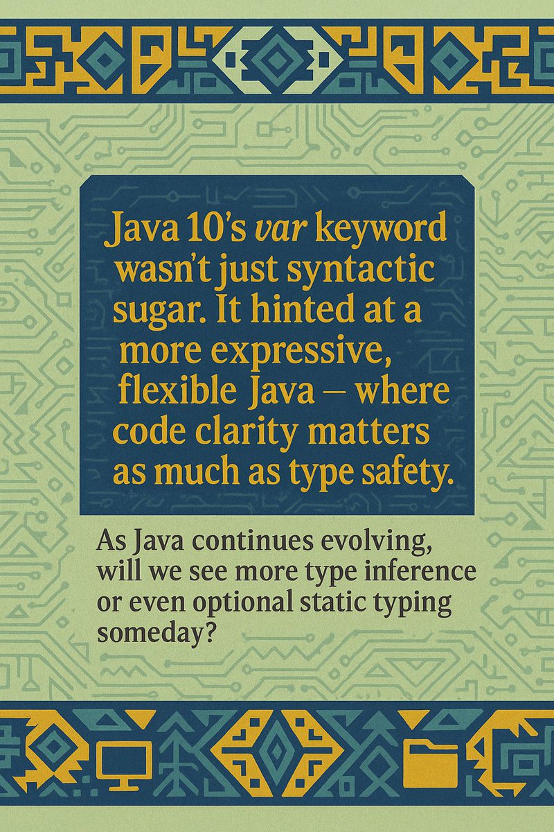 SpagCodeJungle's tweet image. Java 10&apos;s var keyword wasn’t just syntactic sugar. It hinted at a more expressive, flexible Java — where code clarity matters as much as type safety.
As Java continues evolving, will we see more type inference or even optional static typing someday? 🤔
#JavaFuture #DevThoughts