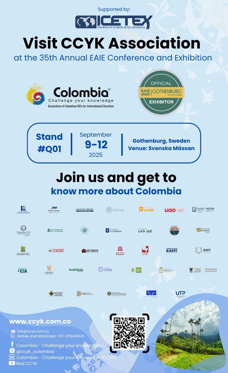 Colombia - Challenge your Knowledge® (CCYK) at @EAIE European Association for International Education 2025, Gothemburg, Sweden.

Join us in Gothenburg and feel the heartbeat of Colombia through education and global collaboration at Stand hashtag#Q01!