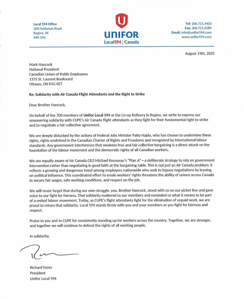 Earlier this week, <a href="/AirCanada/">Air Canada</a> flight attendants ended their strike after a tentative agreement following government intervention. We at <a href="/Unifor594/">Unifor 594</a> sent a letter to <a href="/MarkHancockCUPE/">Mark Hancock</a>, @CUPEnat's National President, offering support. 

#Solidarity #FairDeal